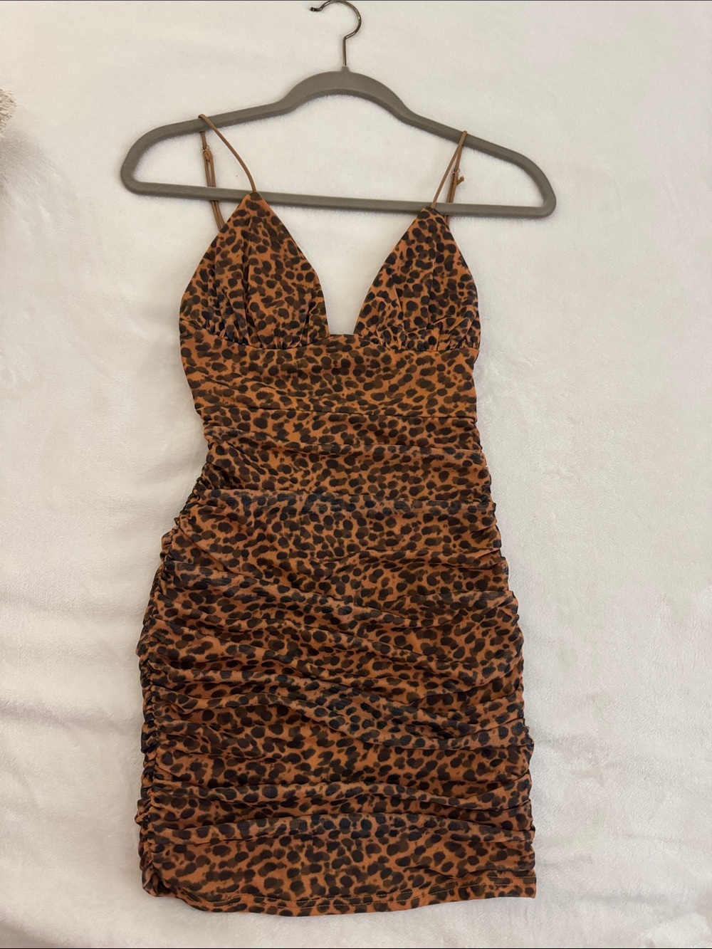 Angel Biba Leopard-Print Ruched Mini Dress in Brown and Black